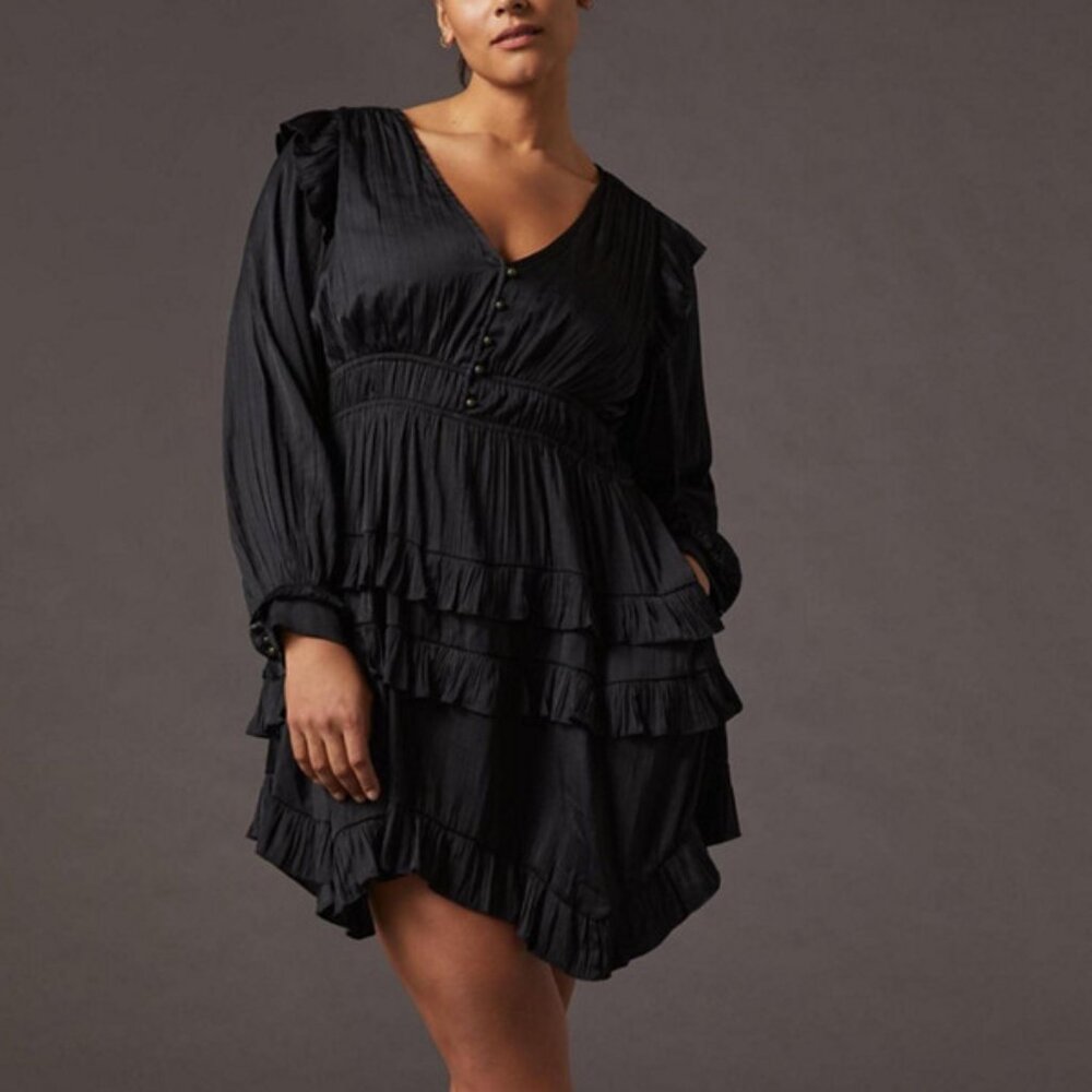 Tiered Ruffled Mini Dress, Black, Anthropologie